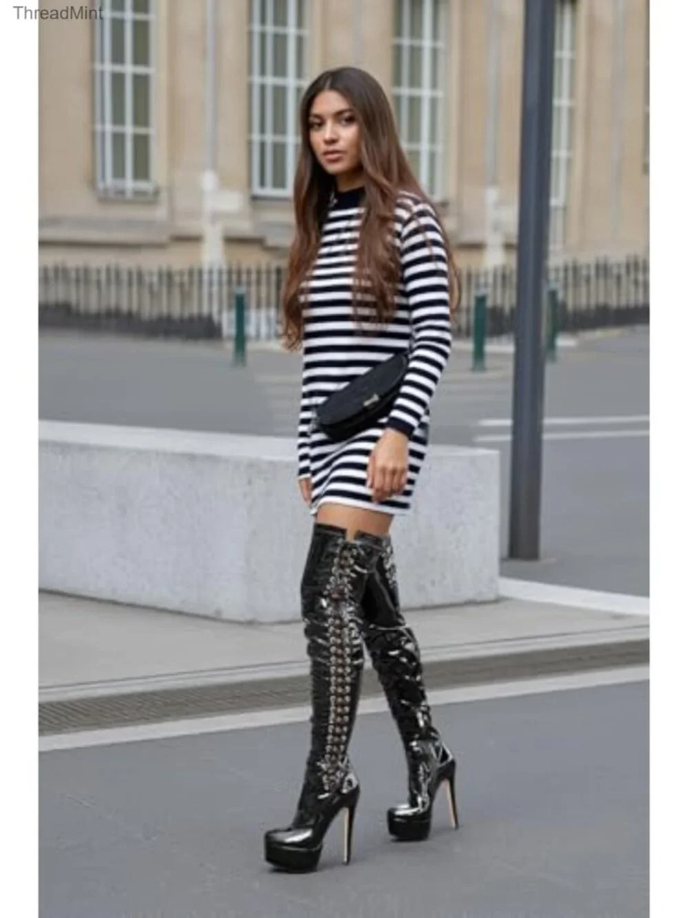 Over The Knee Platform Stiletto Lace-up Boots Patent Leather Thigh High Heels